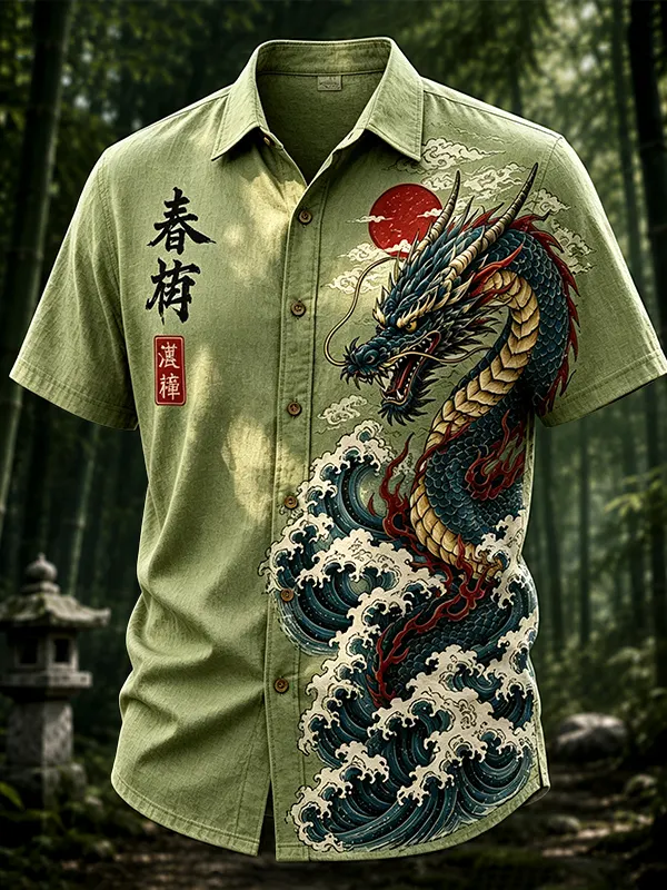Men's Dragons and Waves Japanese Art Print Casual Shirt