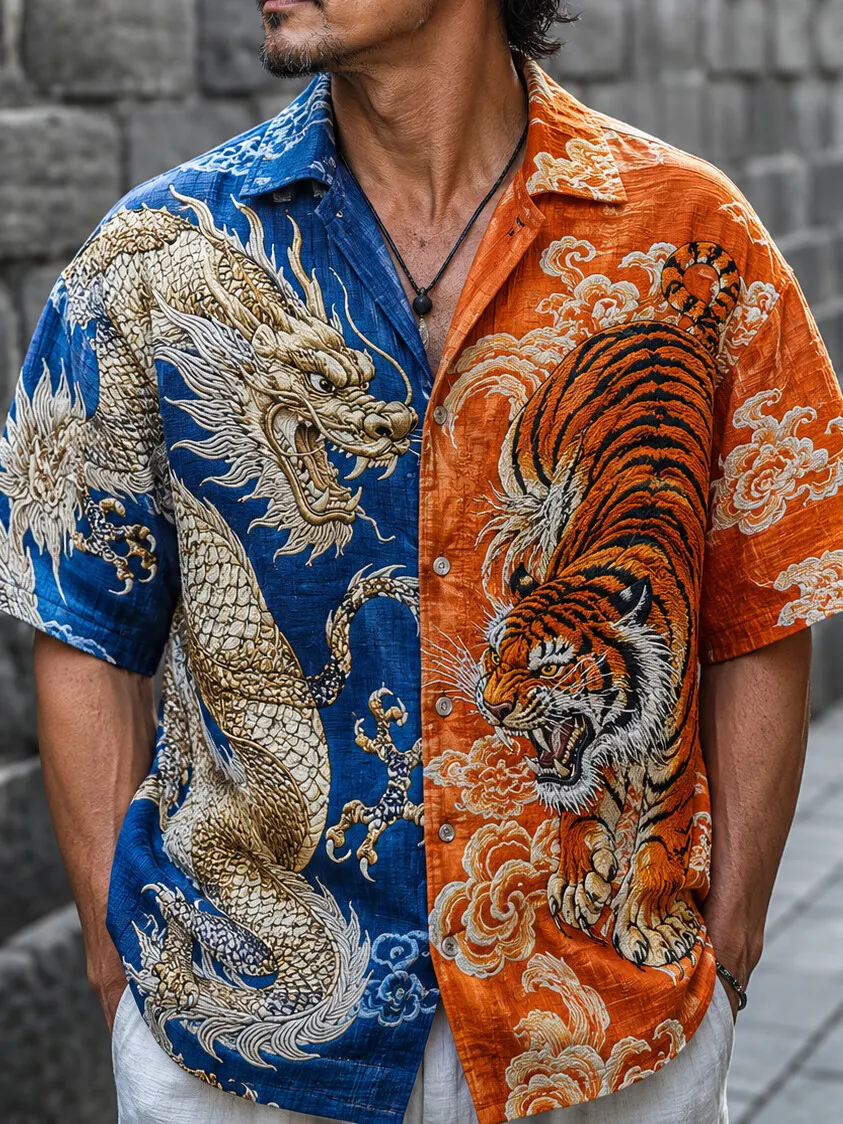 Men's Dragon Tiger Hawaiian Colorblock Art Print Casual Shirt