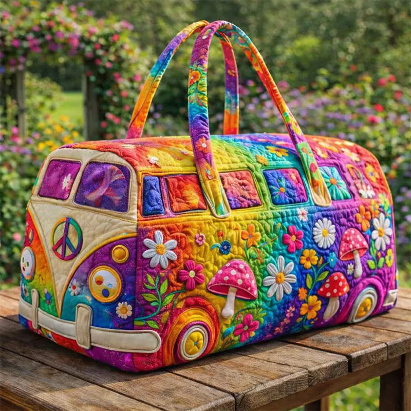 Hippie Rainbow Flower And Mushroom Quilted Duffle Bag
