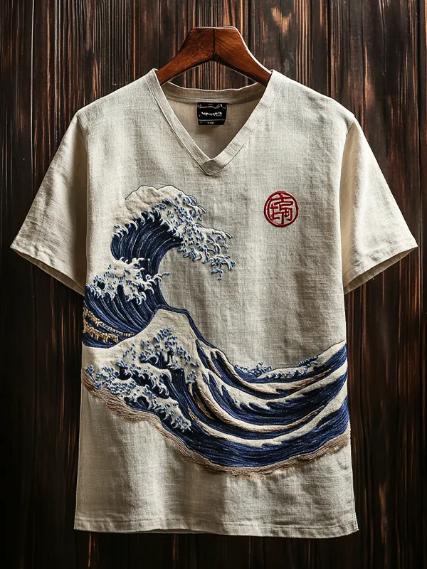 Men's The Great Wave Off Kanagawa Embroidery Art Print Casual V Neck T-Shirt
