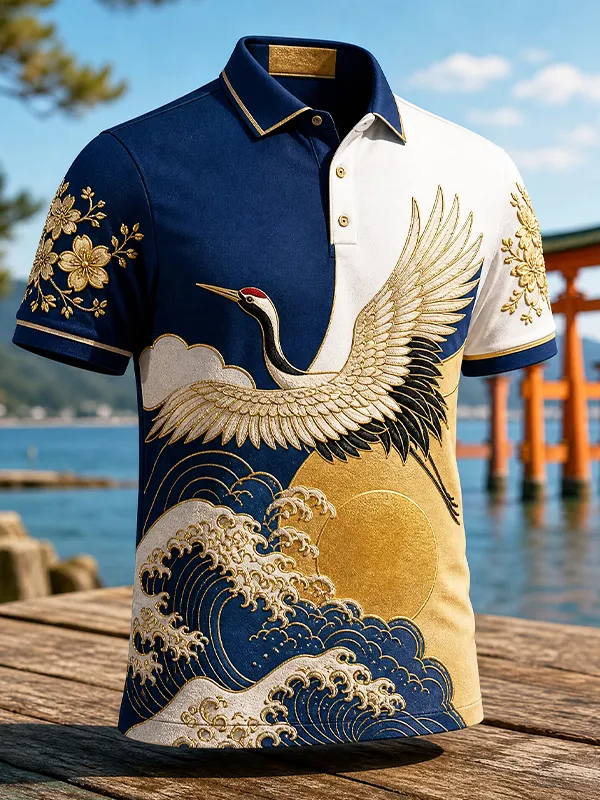 Men's Japanese Style Crane and Wave Print Short Sleeve Polo Shirt