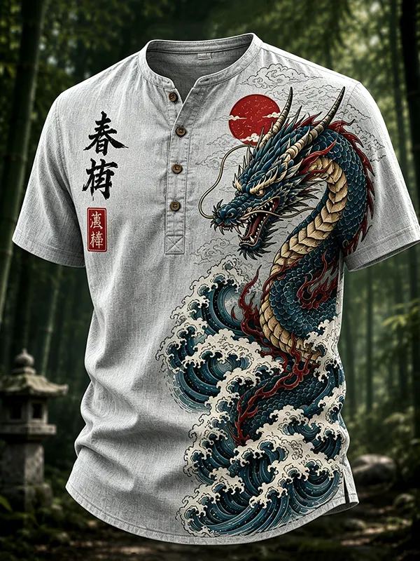 Men's Dragons and Waves Japanese Art Print Half Button Shirt