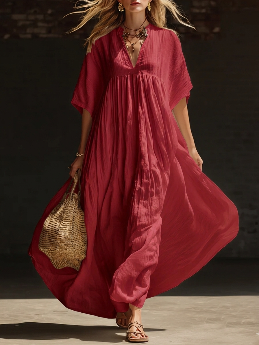 🌿New Linen🔥Cozy Vacation V-neck Loose Linen Cotton Maxi Dress