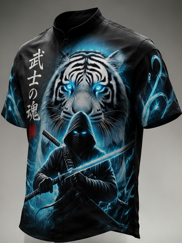 Men's Blue Eye White Tiger and Ninja Print Short Sleeve Shirt