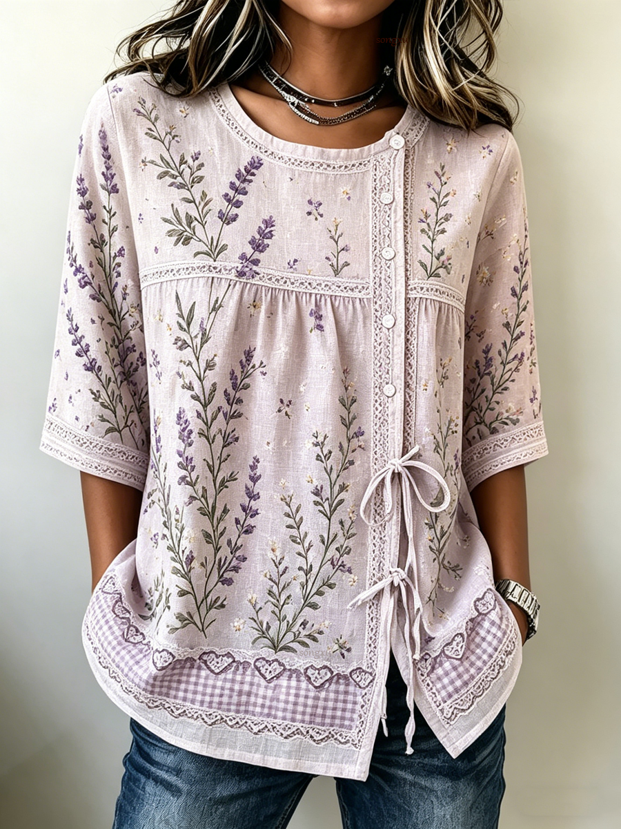 Women'S Casual Floral Embroidery Printed Cotton And Linen Top