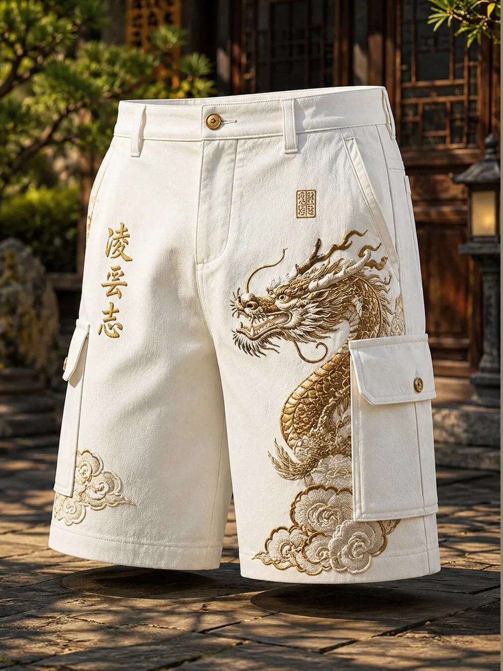 Men's Dragon Auspicious Cloud Calligraphy Japanese Art Print Casual Shorts