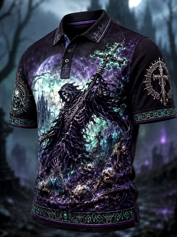 Men's Dark Gothic Skeleton Grim Reaper Print Polo Shirt