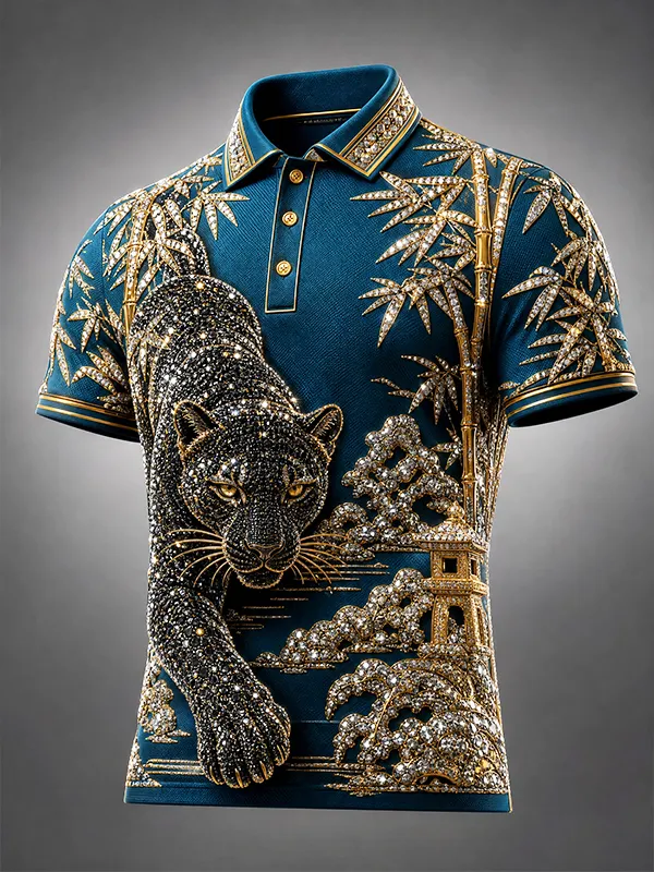 Men's Crystal Diamond Black Panther Bamboo Pagoda Print Polo Shirt