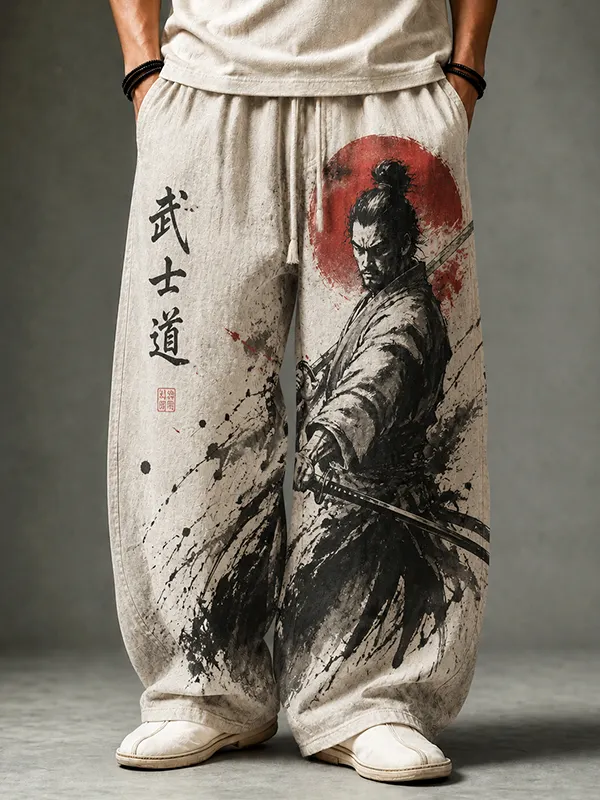 Men's Samurai Japanese Bushido Ink Painting Art Print Loose Drawstring Waist Pants