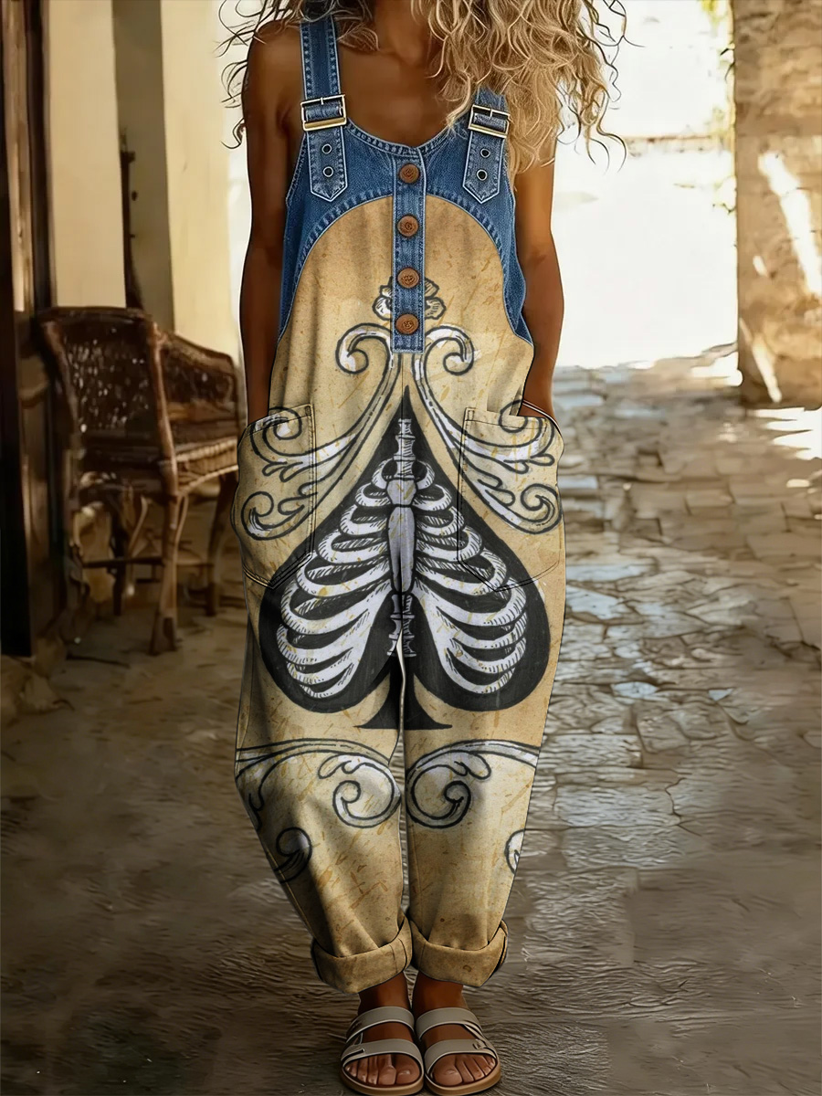 Women's Boho Style Art Print Washed Cotton Denim Patchwork Jumpsuit