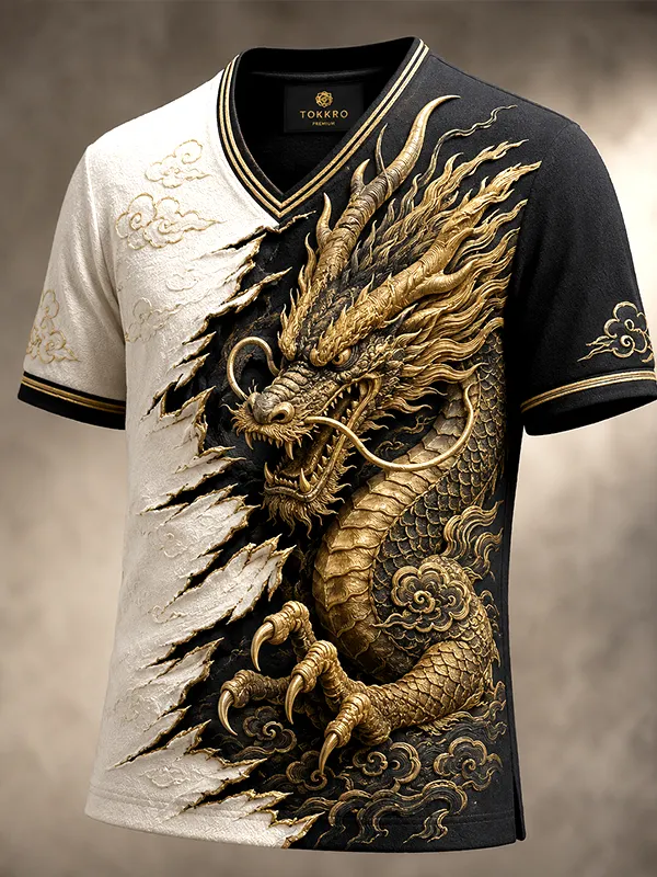 Men's Golden Dragon In The Sky Art Print T-Shirt