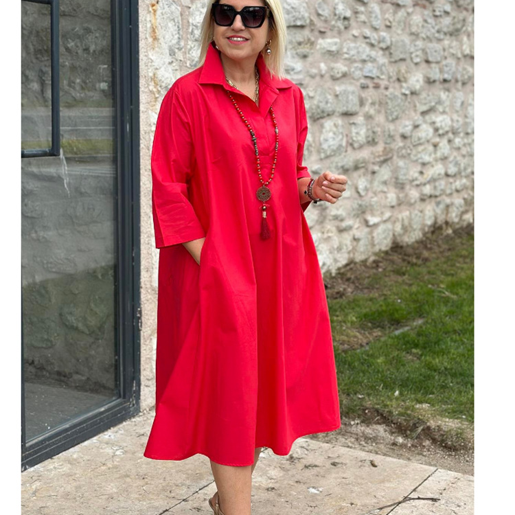 Women'S Long Shirt Solid Color Temperament Commuting Simple Lapel Cardigan Dress