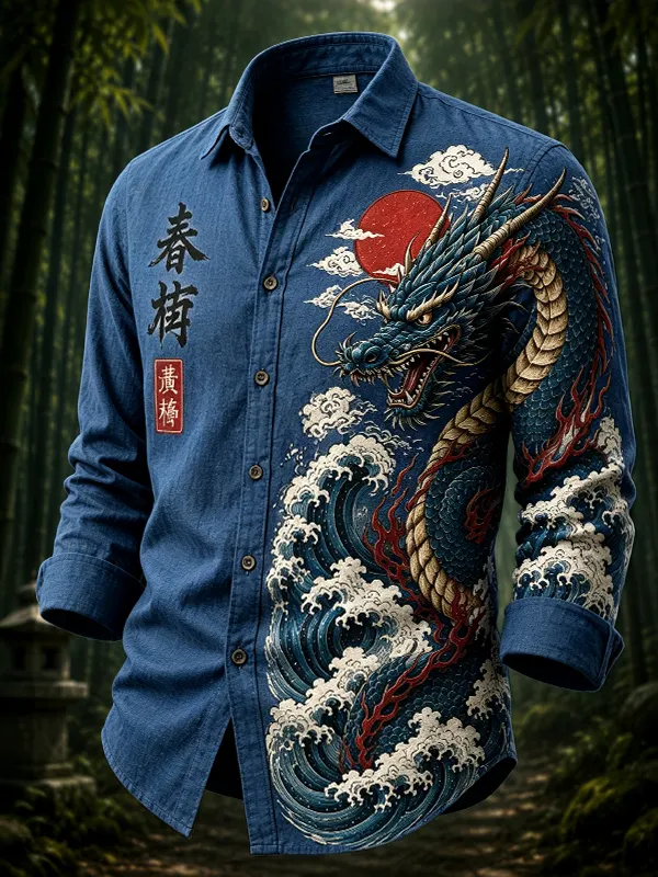 Men's Dragons and Waves Japanese Art Print Long Sleeve Shirt