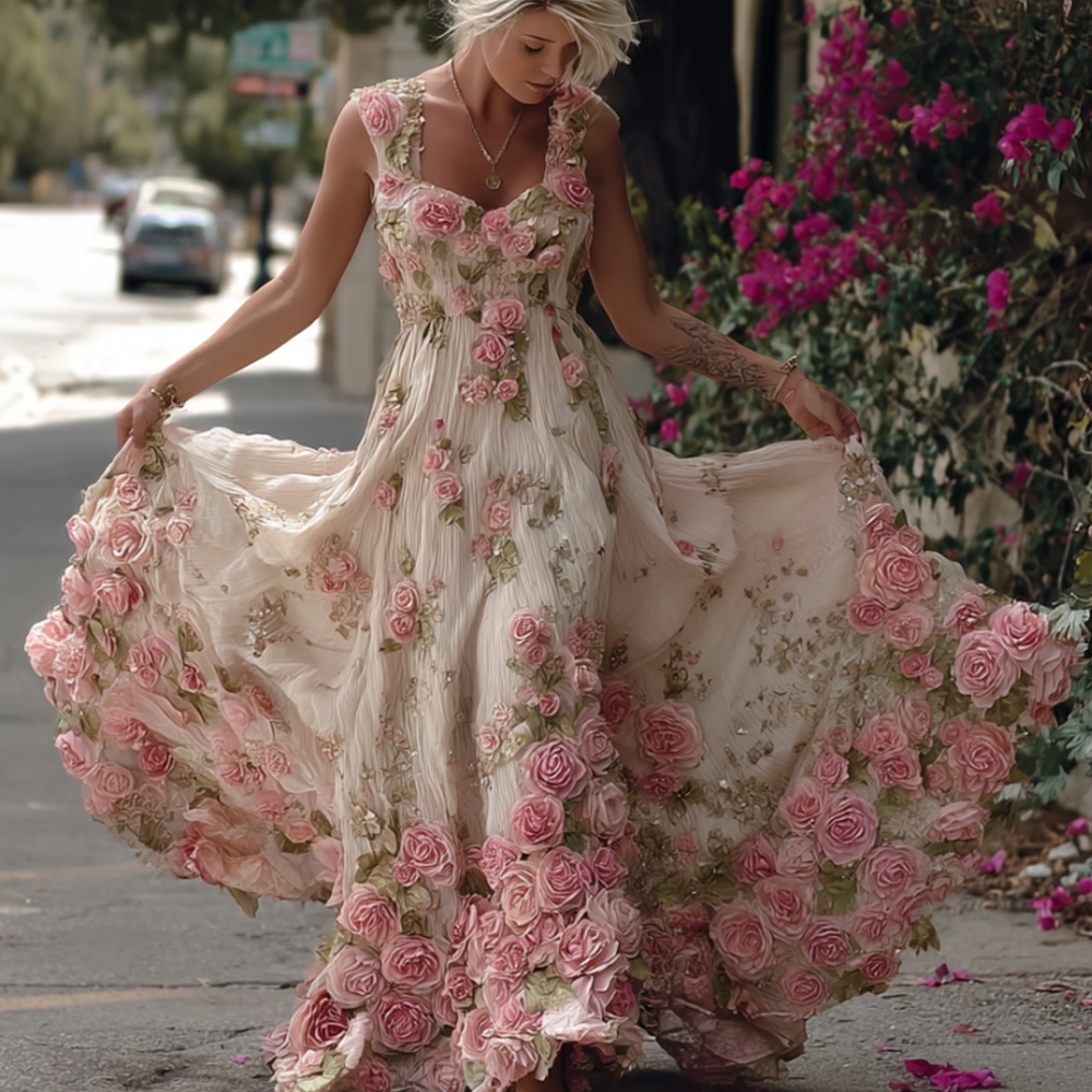 Bohemian Style Pink Rose Lightweight Vintage Style Long Dress With Straps ed7f