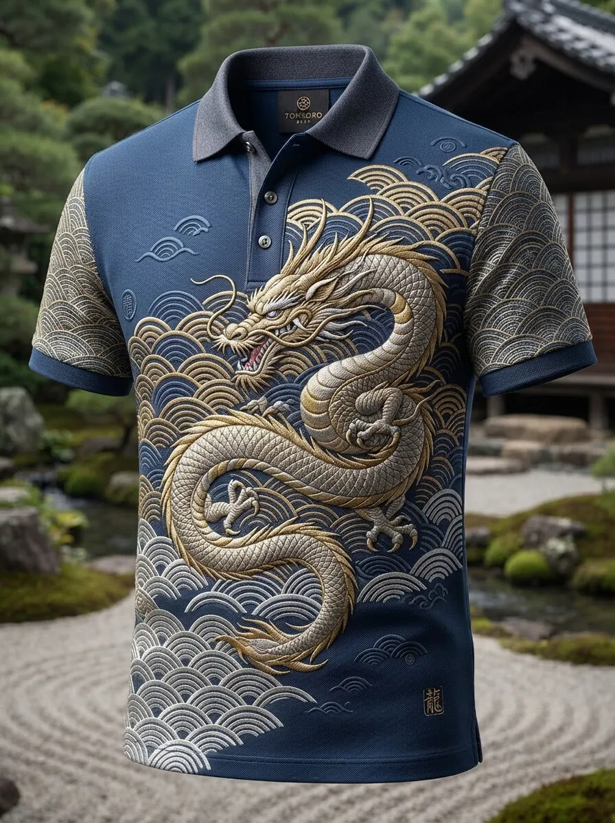 Men's Ukiyo-e Dragon Ocean Wave Japanese Art Print Polo Shirt