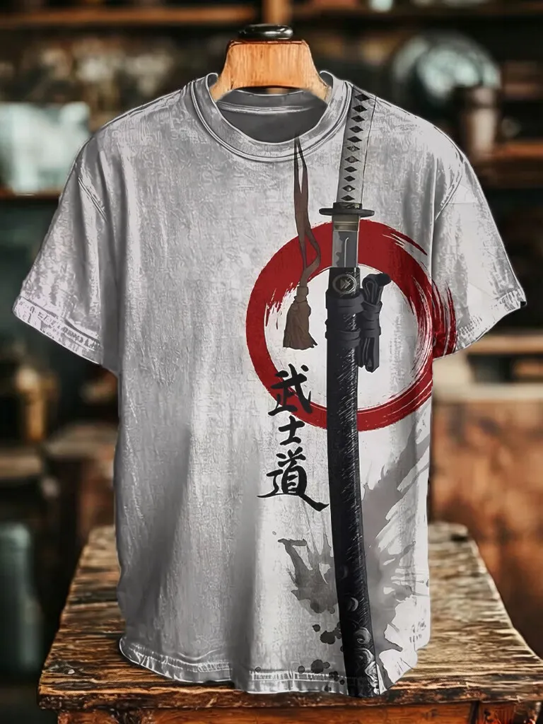 Men's Japanese Art Katana Bushido Ink Splash Print T-Shirt