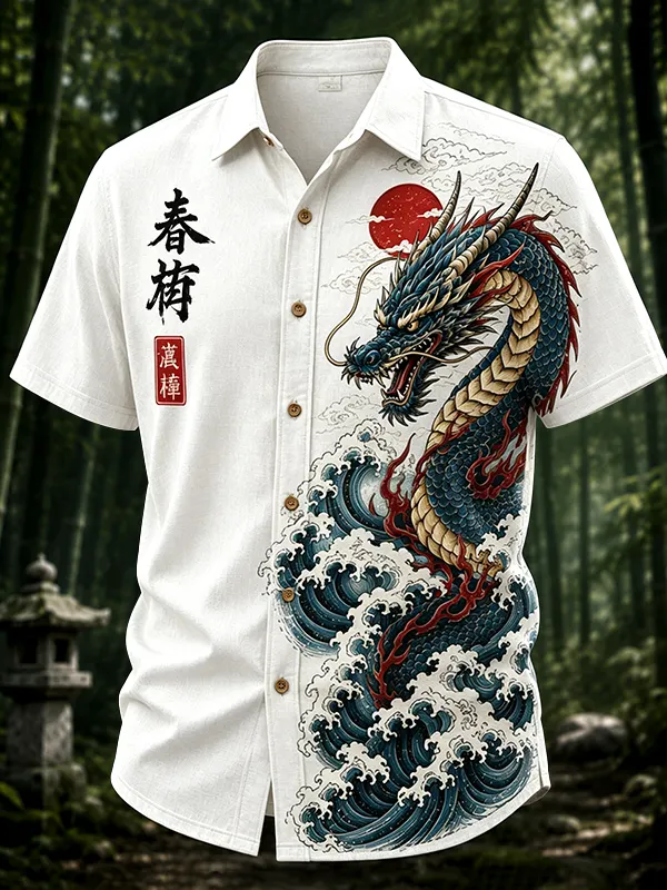 Men's Dragons and Waves Japanese Art Print Casual Shirt