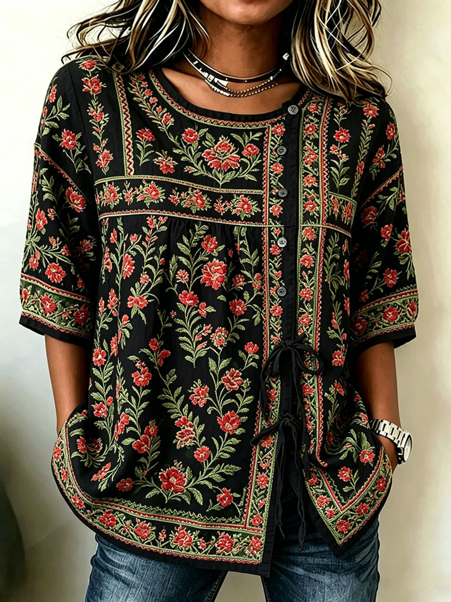 Women'S Cotton And Linen Casual Striped Print Top