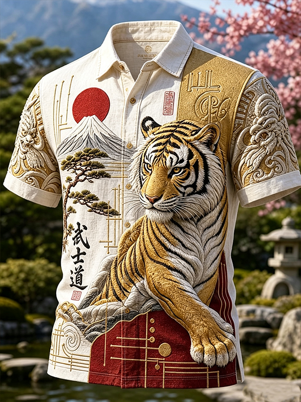 Men's Japanese Tiger Geometric Art Print Short Sleeve Shirt