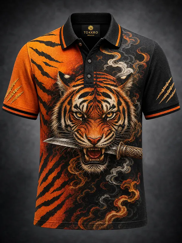 Men's Japanese Tiger Head Dagger Art Print Short Sleeve Polo Shirt