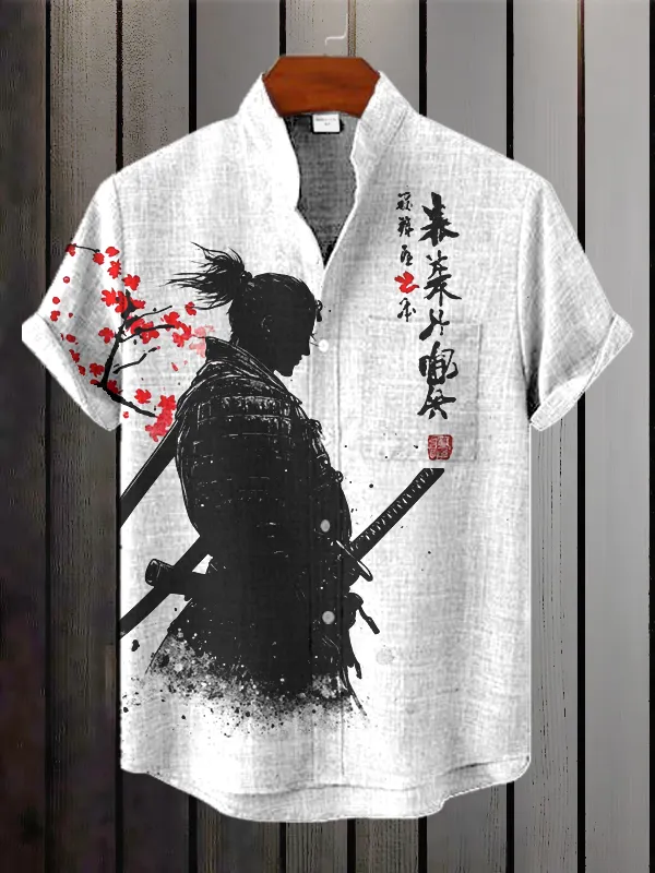 Men's The Silhouette Of A Japanese Soldier Print Short Sleeve Shirt