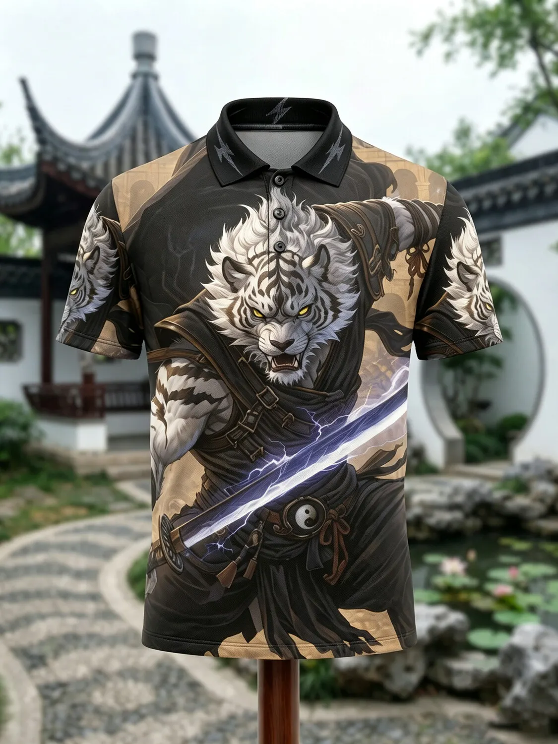 Men's White Tiger Swordsman Art Print Short Sleeve Polo Shirt