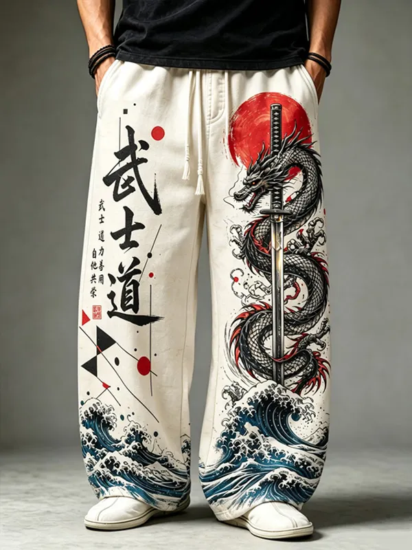 Men's Bushido Dragon Samurai Sword Ukiyo-e Wave Print Casual Pants