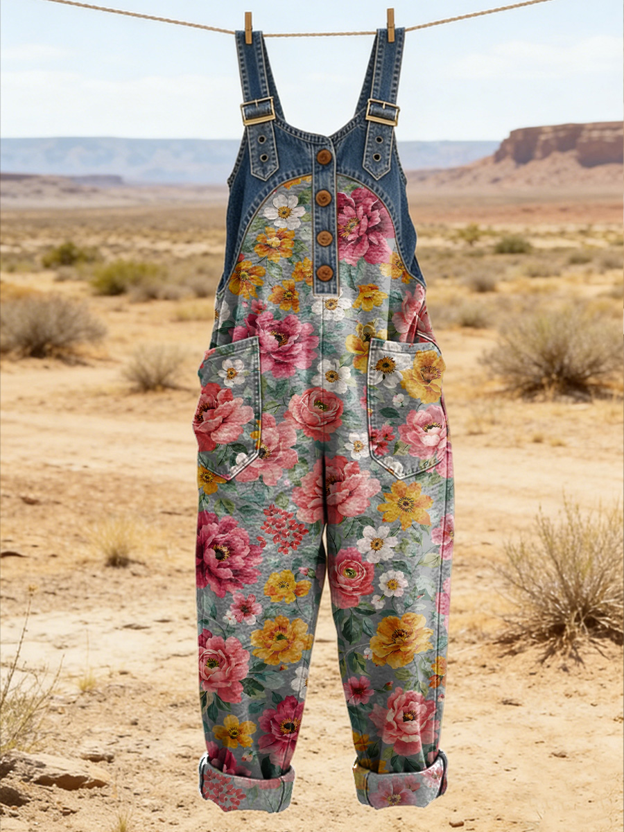 Women's Retro Floral Color-Blocked Art Print Washed Cotton Denim Patchwork Jumpsuit
