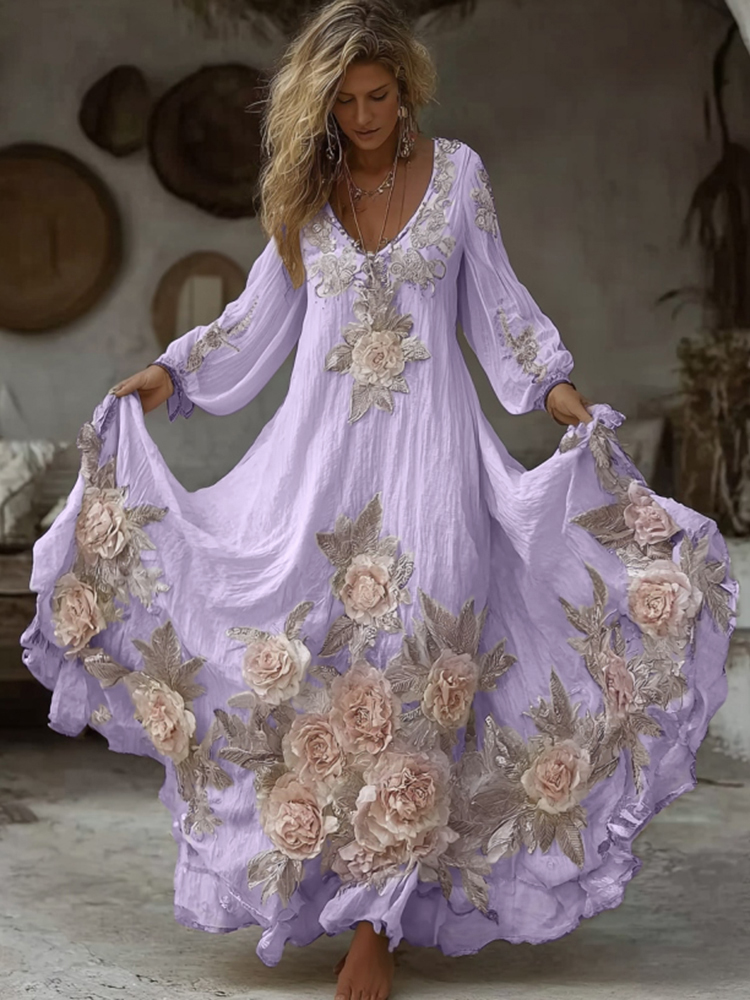 Women's Vintage Pink Floral Embroidery Art Comfy Linen Maxi Dress