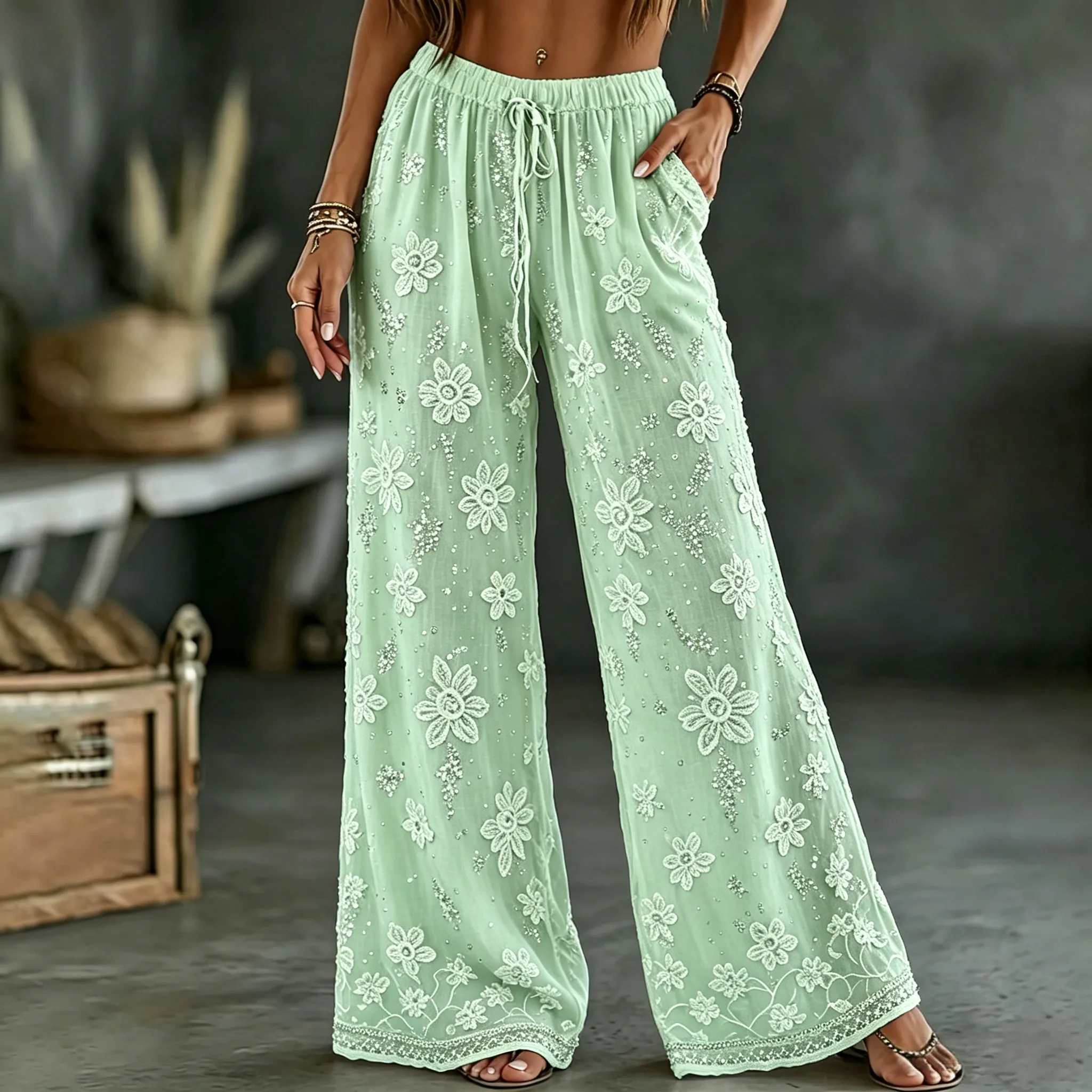 Women's White Rose Art Embroidered Linen Blend Pants