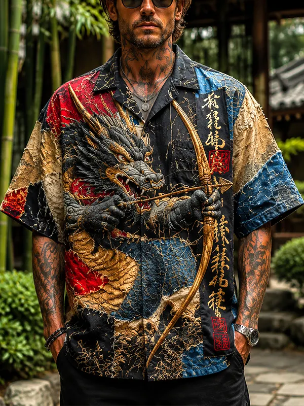 Men's Vintage Dragon Archer Print Short Sleeve Shirt