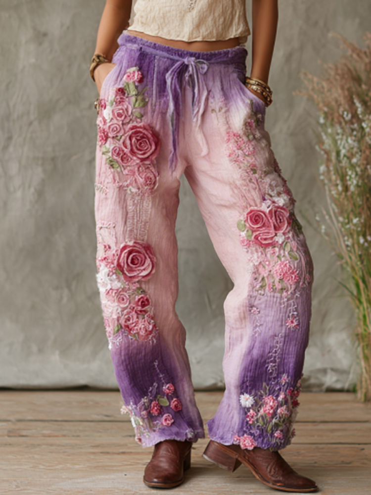 Love & Health Collection Retro Western Women Style Vintage Rose And Floral Patchwork Art Linen Pants 3d39
