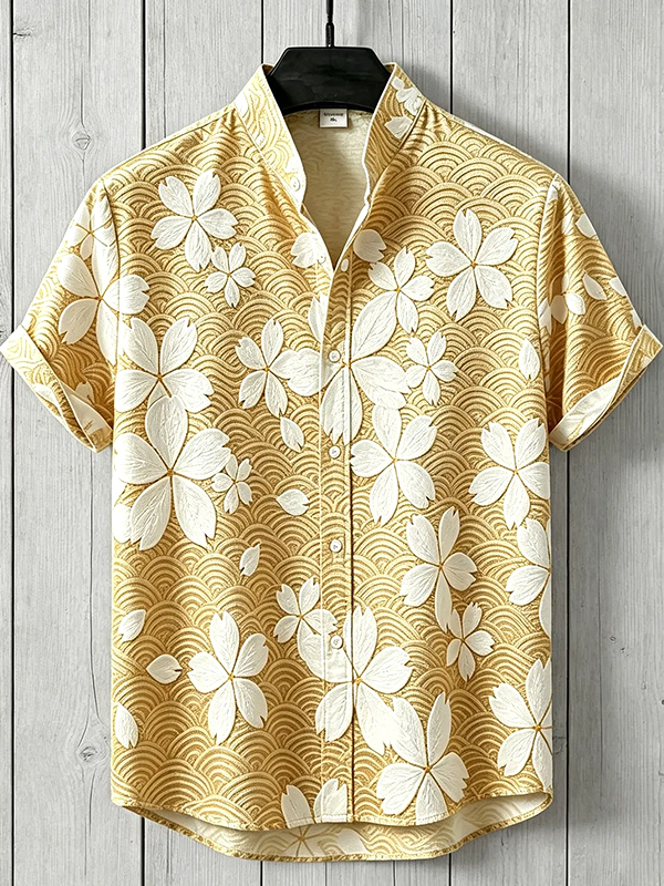 Men's Cherry Blossoms And Ocean Waves Art Print Casual Shirt