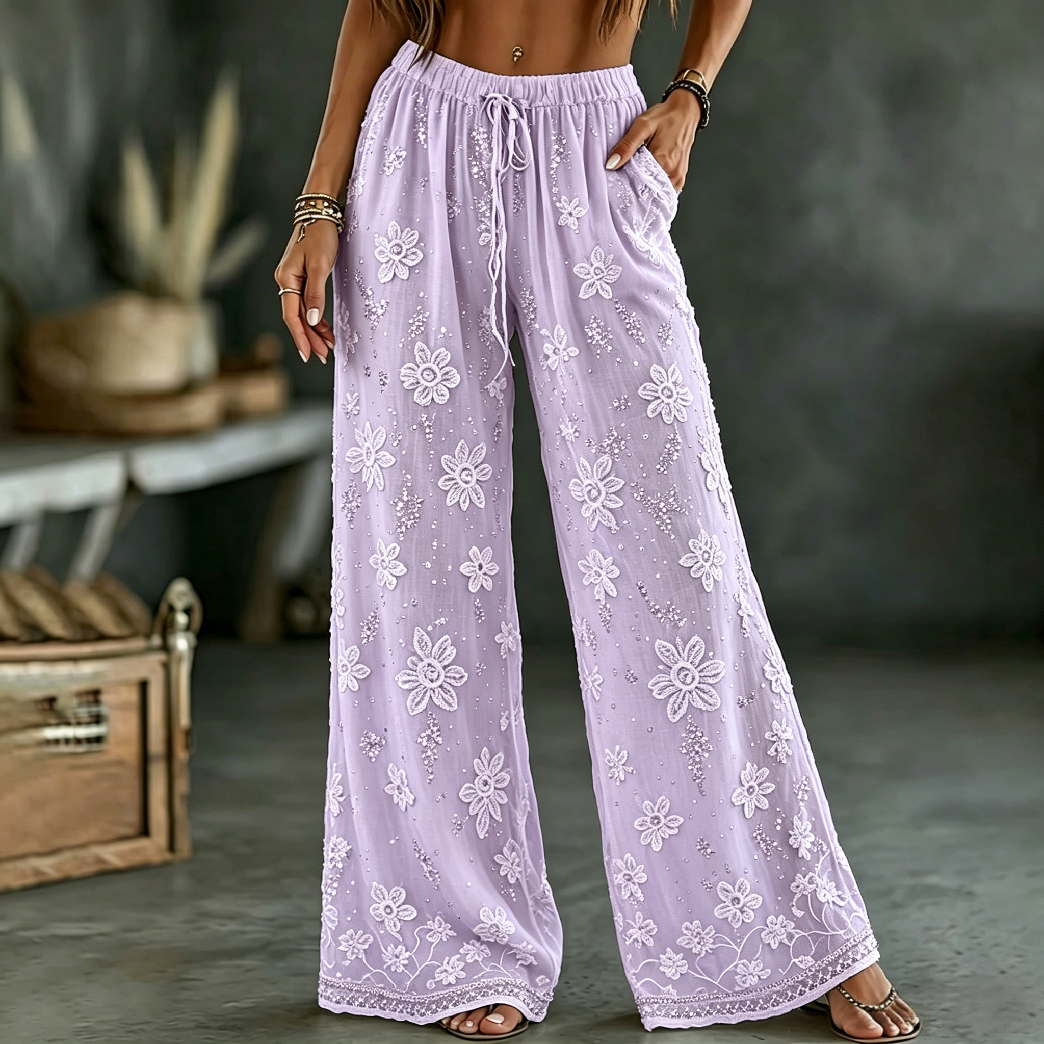 Women's White Rose Art Embroidered Linen Blend Pants