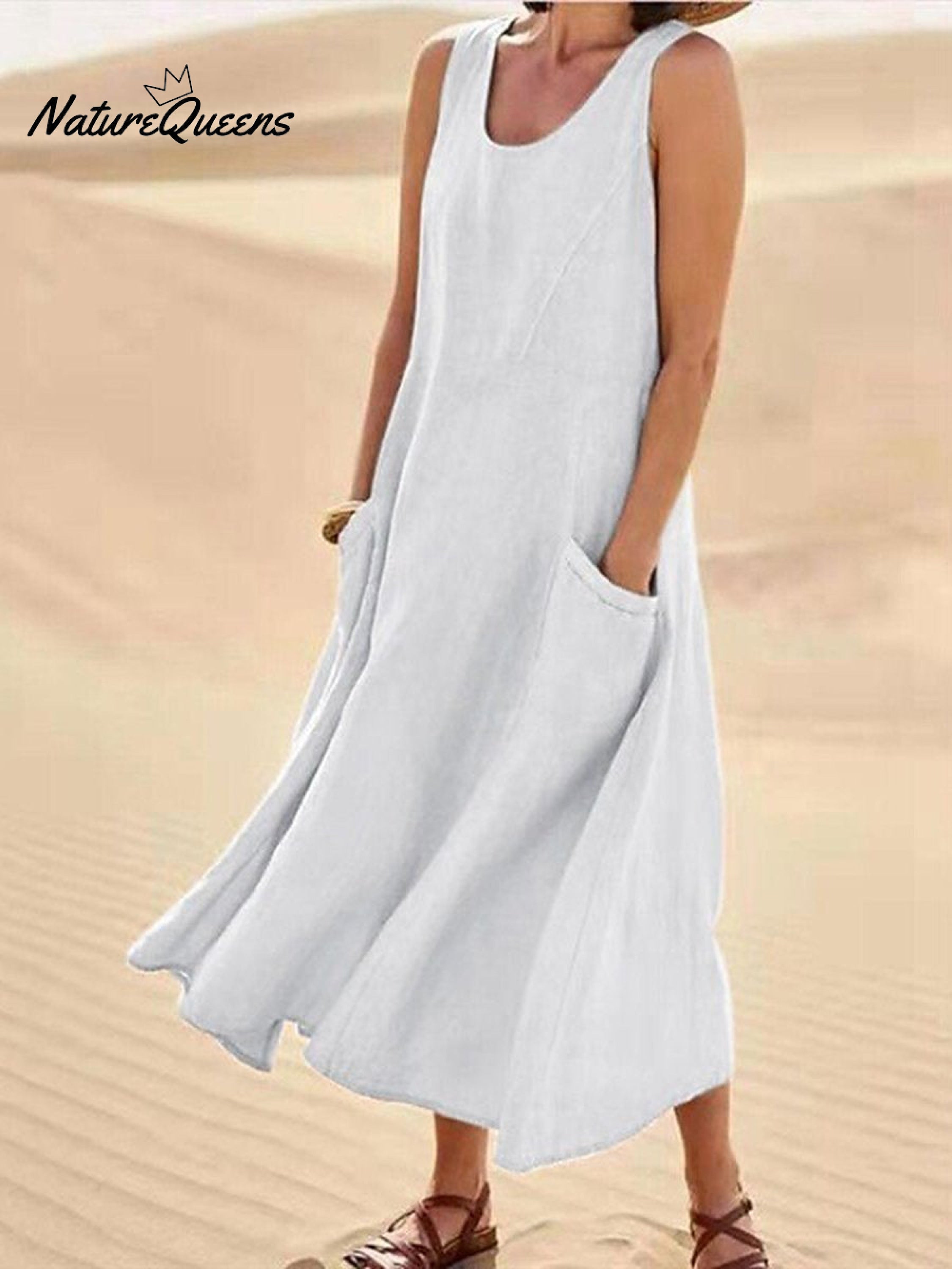 Women Sleeveless Sundress Elegant Round Neck Cotton Linen Solid Long Tank Casual Summer Dress