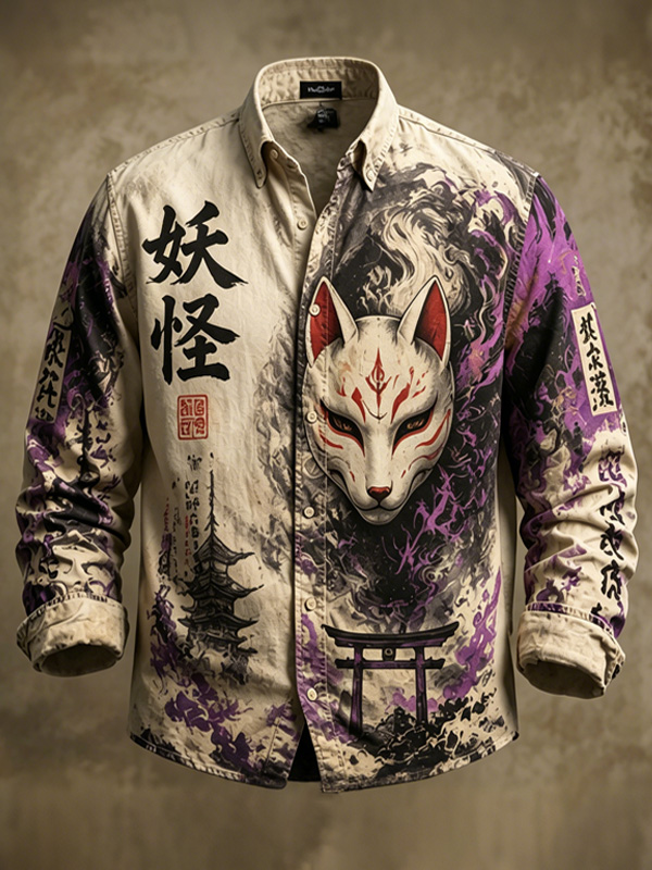 Men's Kitsune Fox Mask Japanese Art Print Long Sleeve Shirt