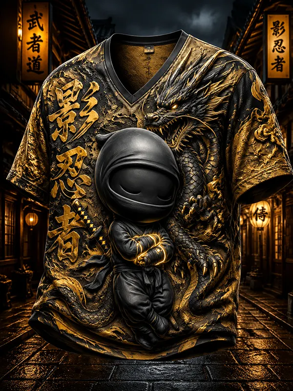 Men's 3D Graphic Ninja and Dragon Print Casual V Neck T-Shirt