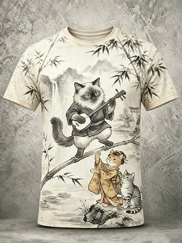 Men's Ukiyo-e Musical Cats Bamboo Mountain Vintage Japanese Art Print T-Shirt