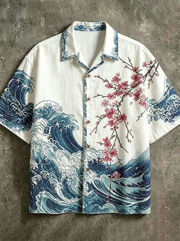 Men's Cherry Blossoms And Ocean Waves Art Print Casual Shirt