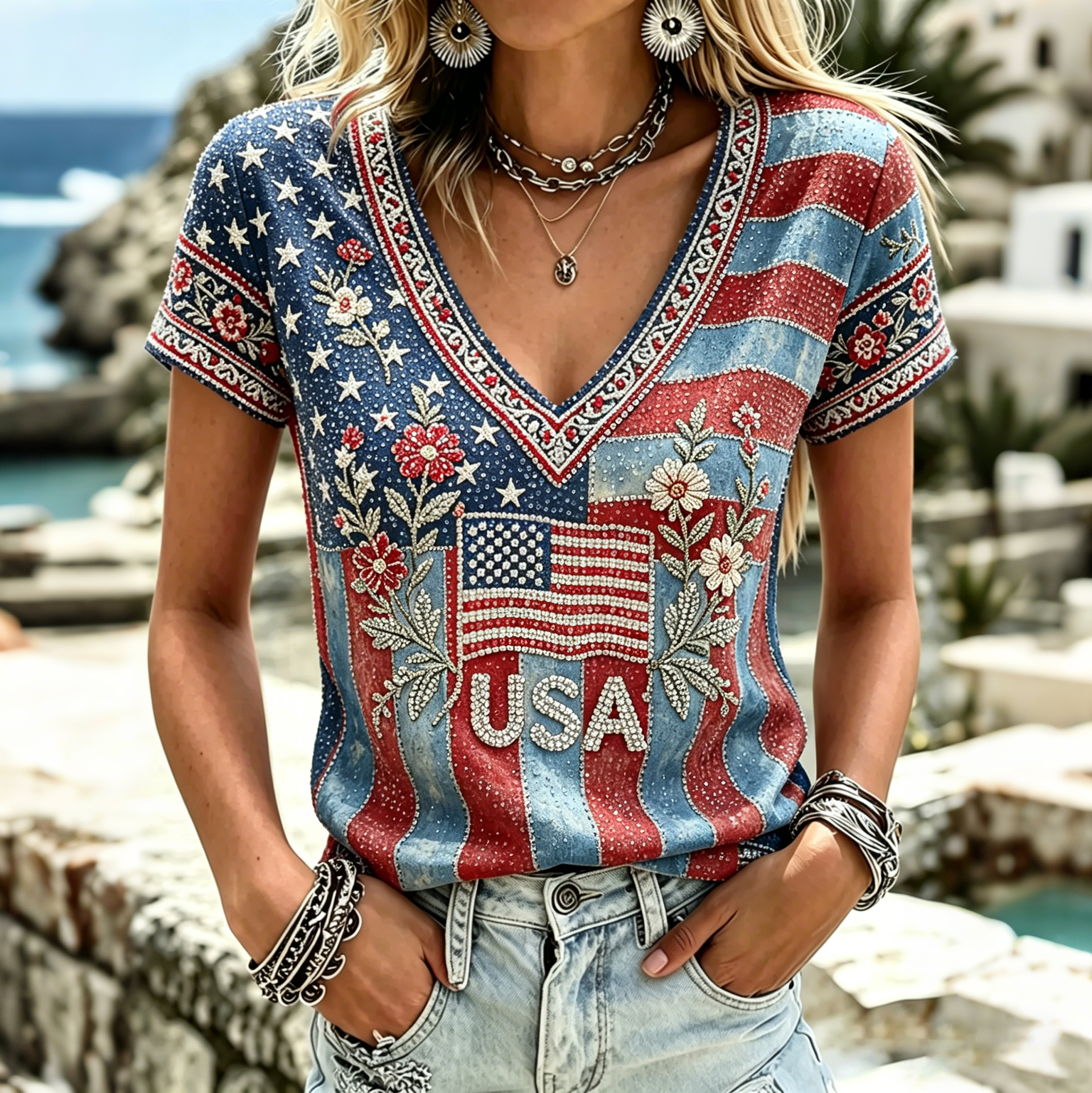 Women's America Hot Drill Floral Art Print Casual T-shirt