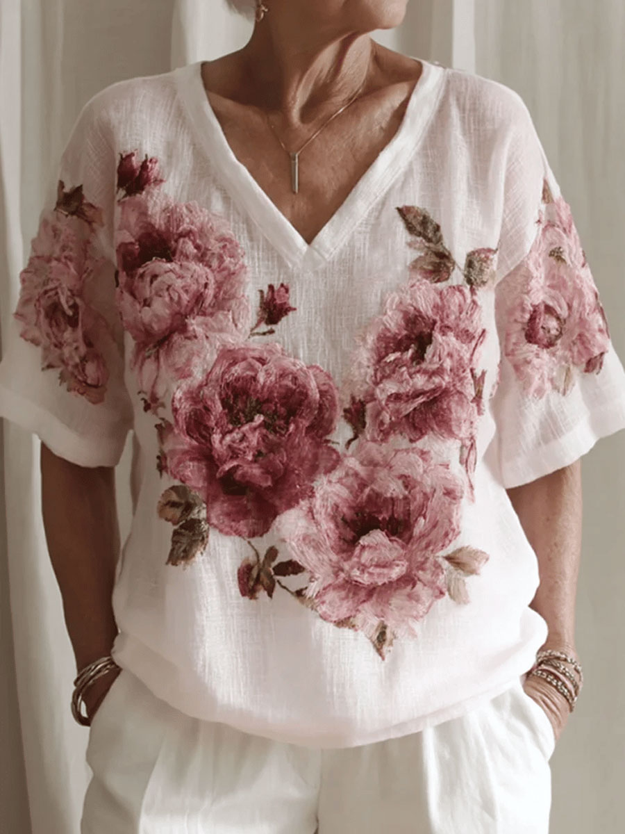 Top de mujer con escote en V y estampado floral retro