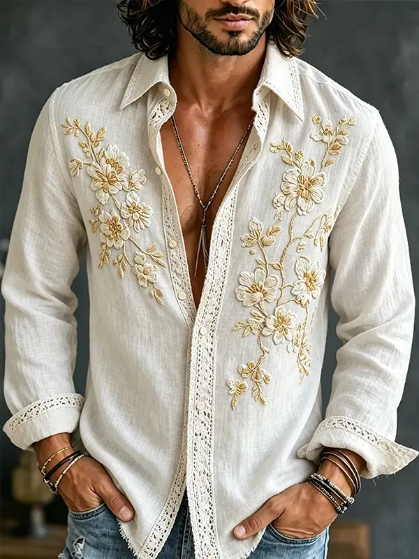 Men's Elegant Flowers Art Print Long Sleeve Shirt