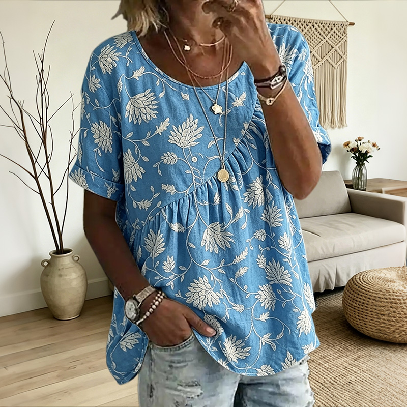 Women's Irregular Pleated Floral Design Short Sleeves Round Neck Linen Tunic Top