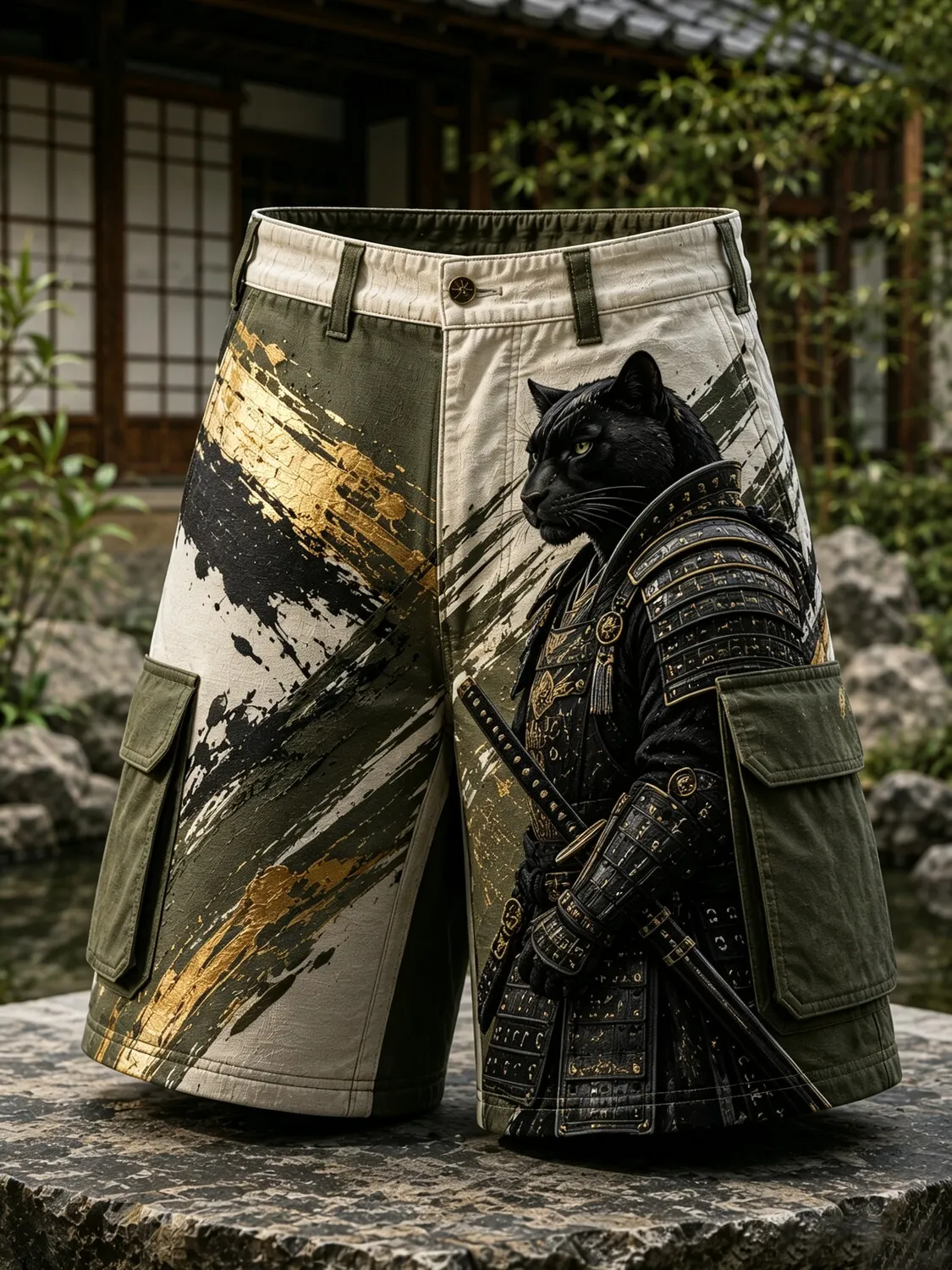 Men's Black Samurai Panther Contrast Print Casual Shorts