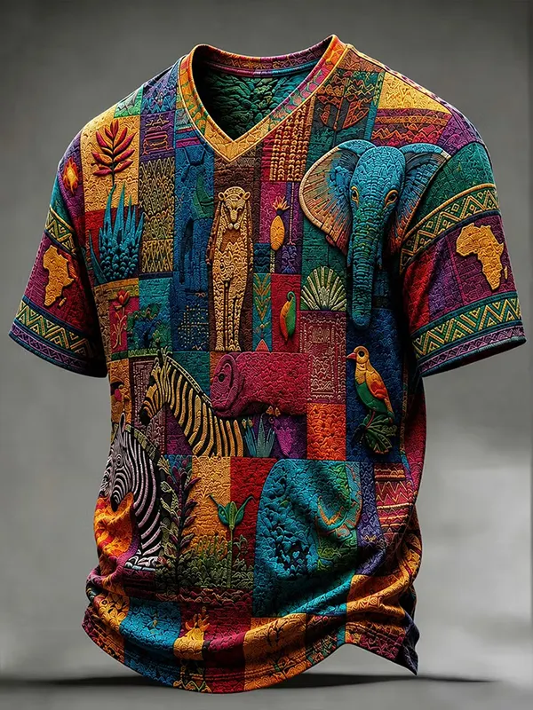 Men's Multicolor African Tribal Collage Elephant Zebra Print Casual V Neck T-Shirt
