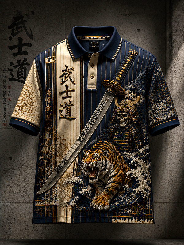 Men's Bushido Samurai Skeleton Tiger Katana Japanese Ukiyo-e Vintage Print Polo Shirt