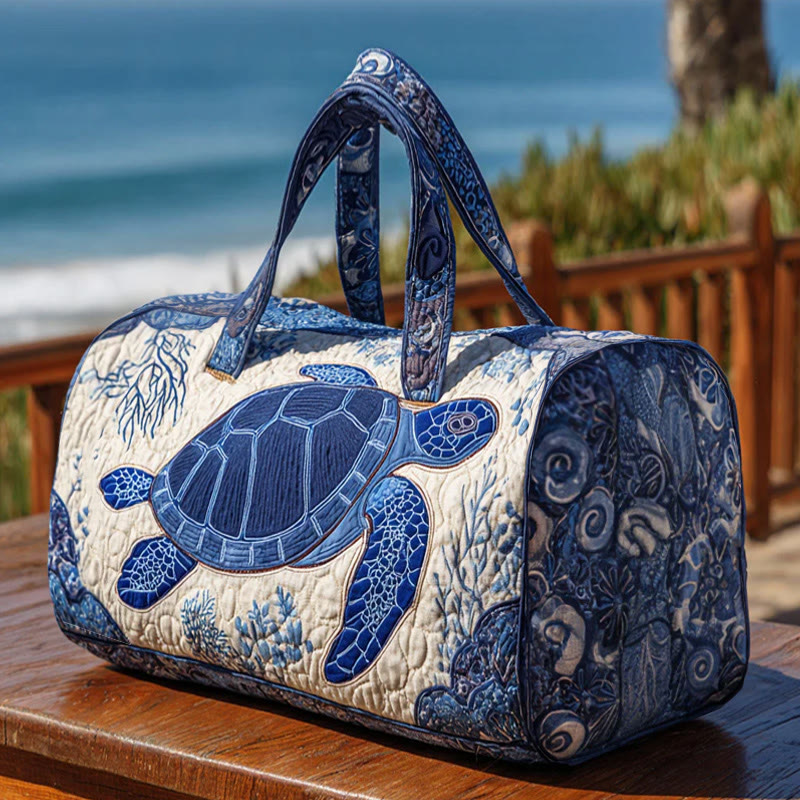Ocean Turtle Blue And White Porcelain Pattern Print Quilted Duffle Bag