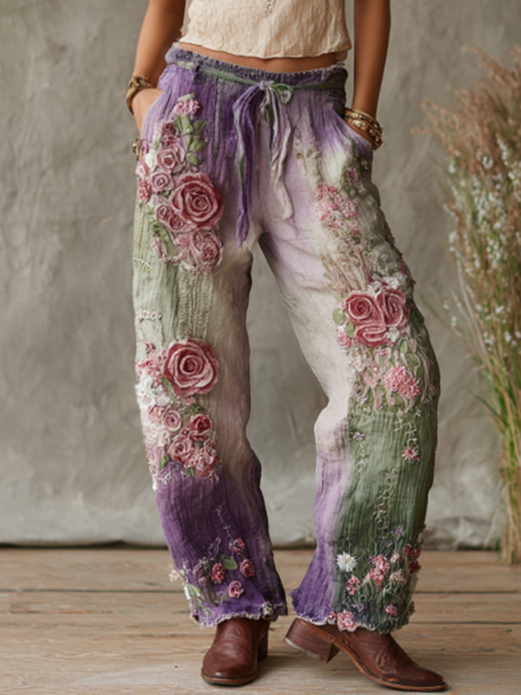 Love & Health Collection Retro Western Women Style Vintage Rose And Floral Patchwork Art Linen Pants 3d39