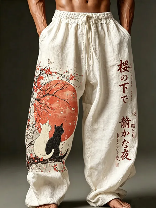 Men's Ukiyo-e Cat Cherry Blossom Calligraphy Japanese Art Print Casual Pants