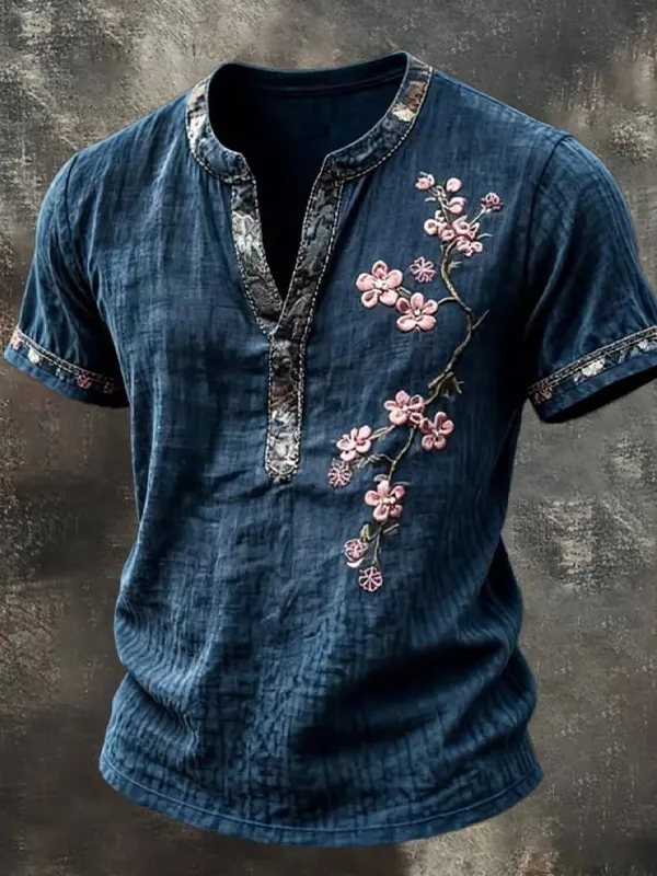 Men's Cherry Blossom Japanese Art Print Half Button Shirt